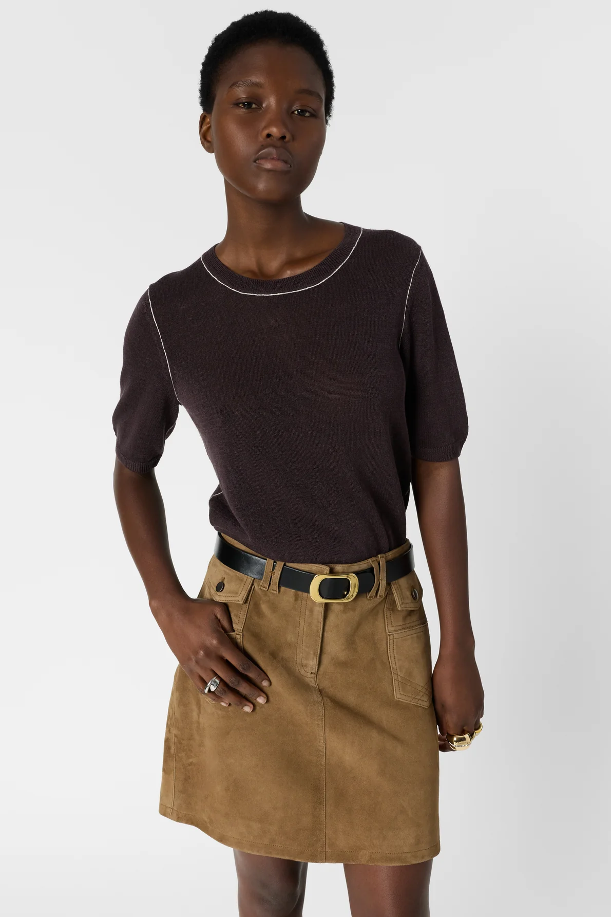 Women's Round-Neck Short-Sleeve Pullover Linen Blend - Brown - Image 5