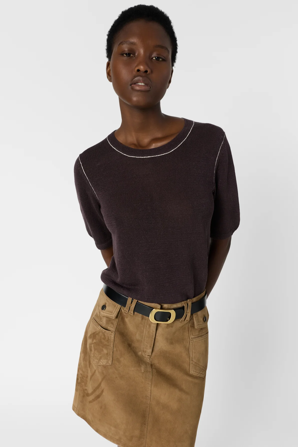 Women's Round-Neck Short-Sleeve Pullover Linen Blend - Brown - Image 7