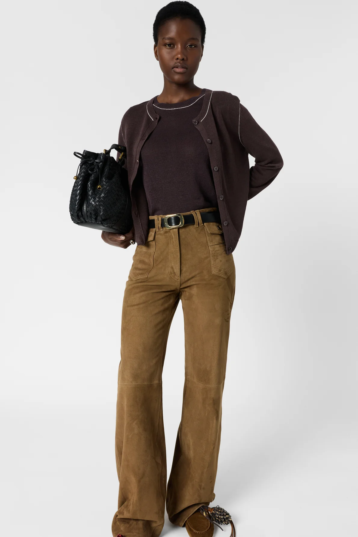 Women's Buttoned Cardigan Linen Blend Knit - Brown - Image 3