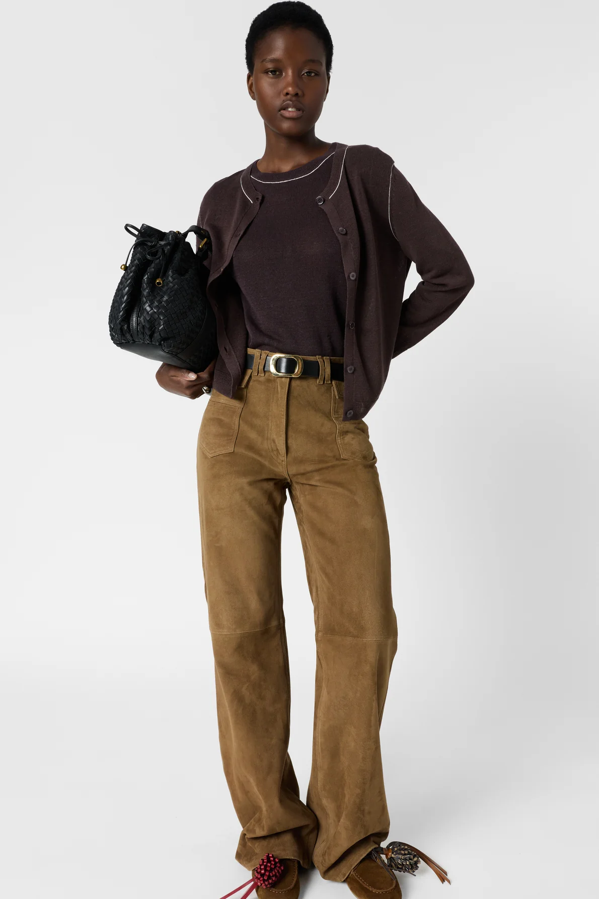 Women's Buttoned Cardigan Linen Blend Knit - Brown - Image 7