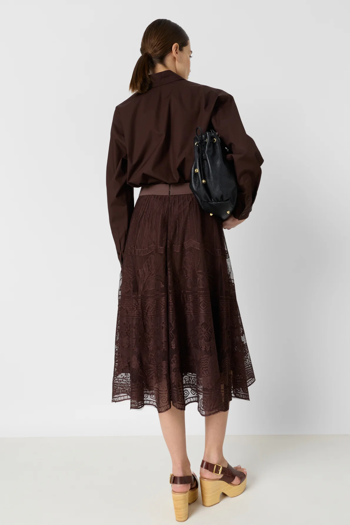 Women's Flared Midi Skirt Chantilly Lace Overlay - Brown - Image 4