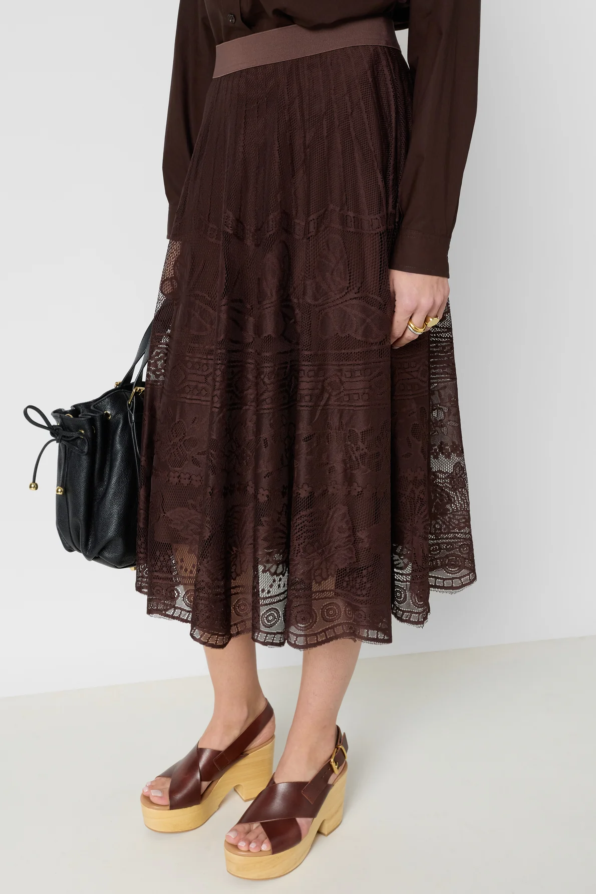 Women's Flared Midi Skirt Chantilly Lace Overlay - Brown - Image 5