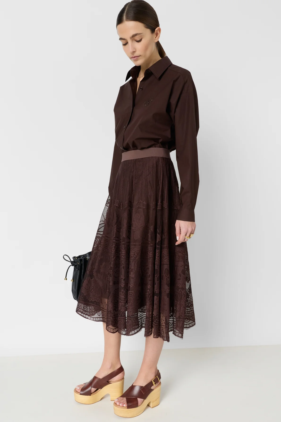 Women's Flared Midi Skirt Chantilly Lace Overlay - Brown - Image 7