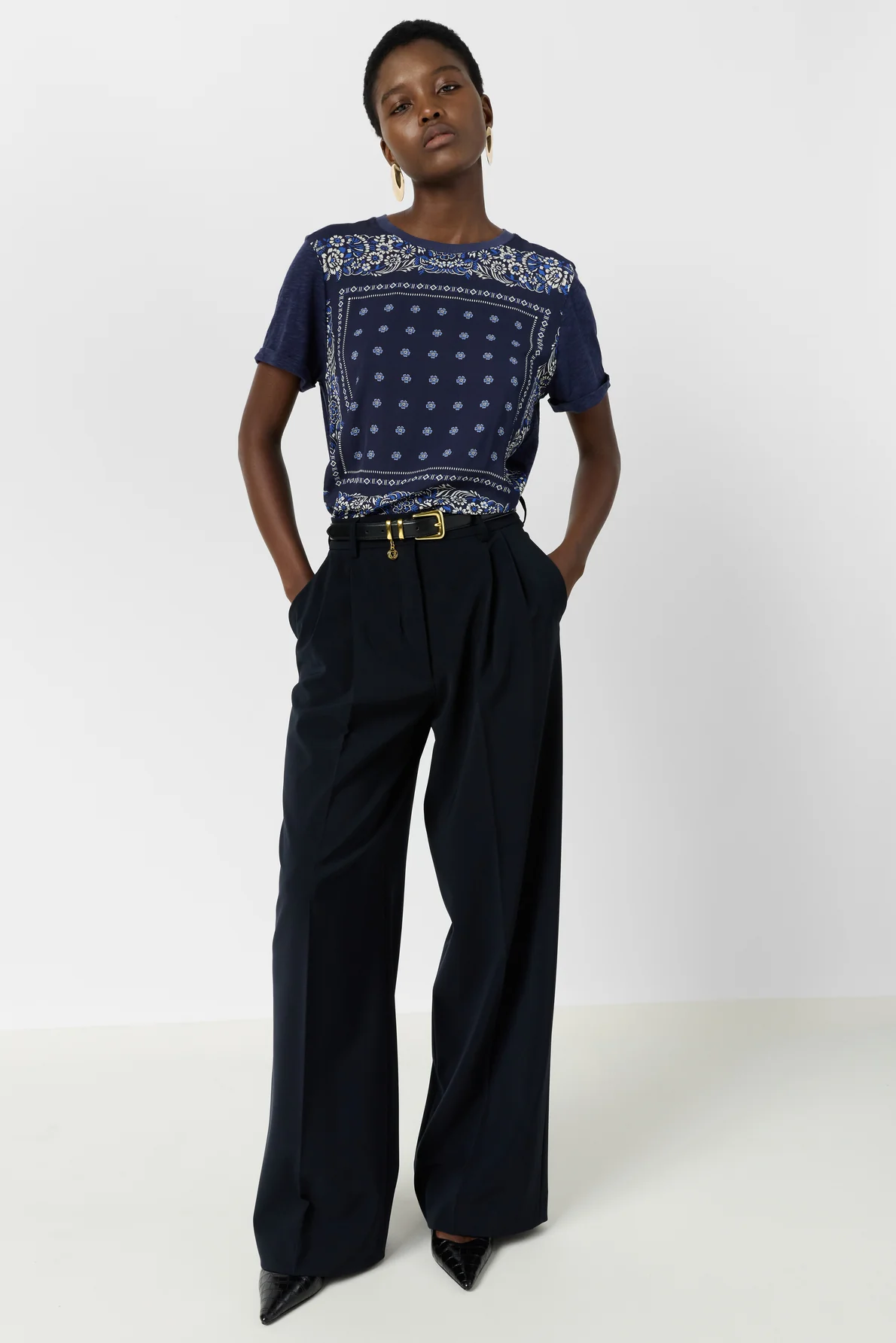 Women's T-Shirt Lightweight Fluid Front Print Jersey Knit - Navy - Image 7
