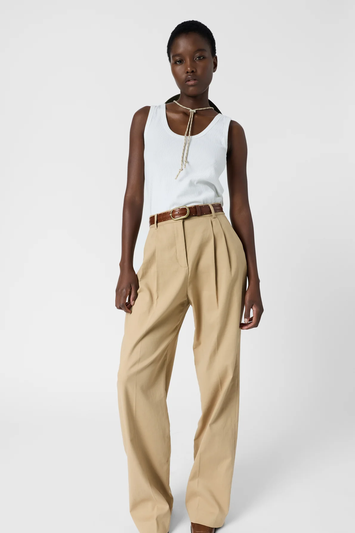Women’s Pleated Wide-Leg Trousers 100 Percent Cotton - Camel - Image 3