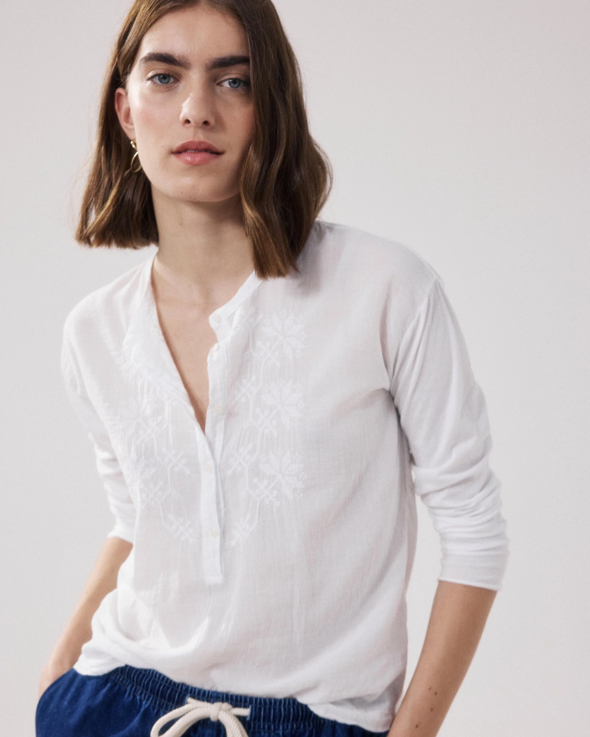 Women's Button-Down Blouse Bi-Fabric Cotton - White 01-White - Image 2