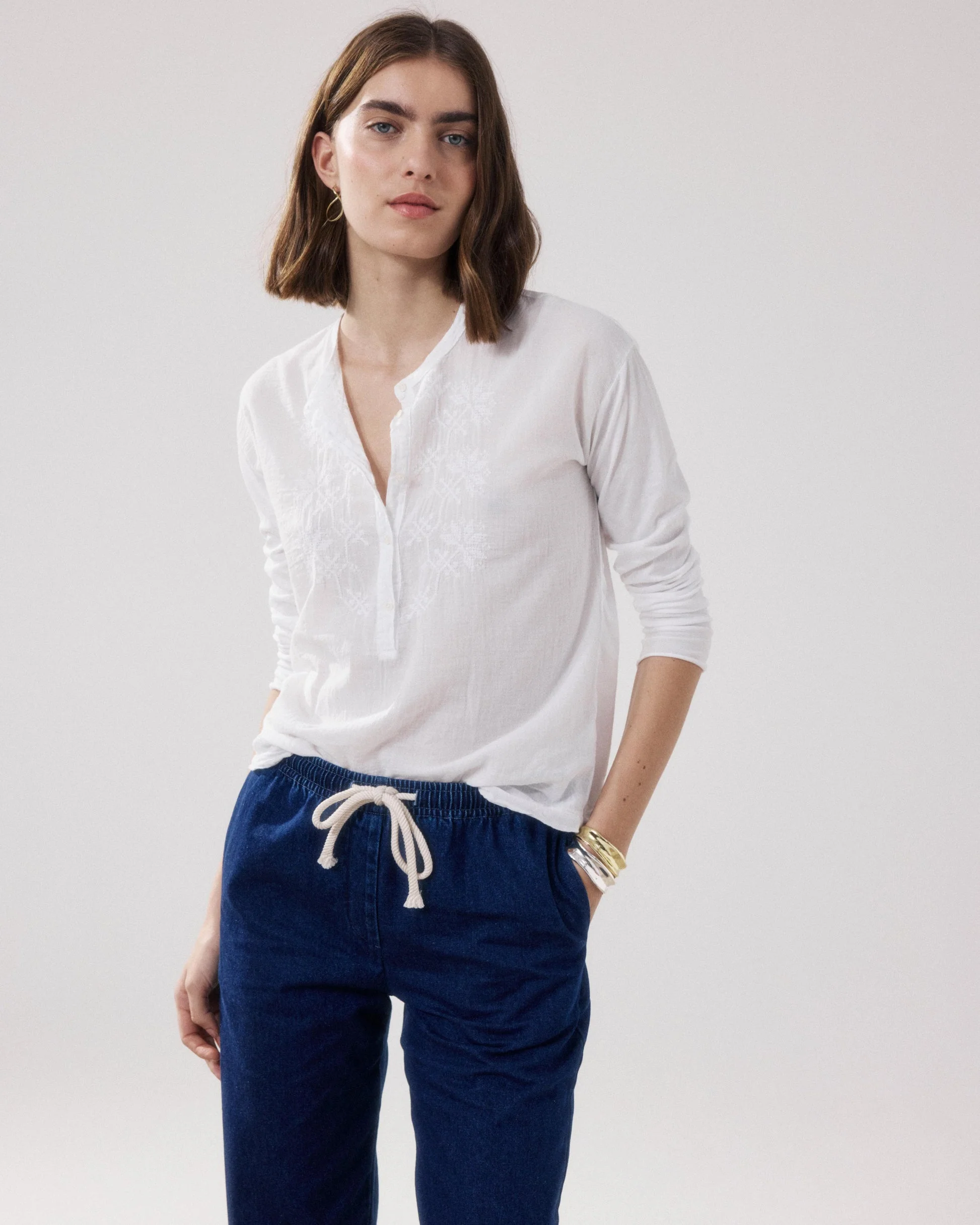 Women's Embroidered Button-Down Blouse Bi-Fabric Cotton - Sky 06-Sky - Image 3