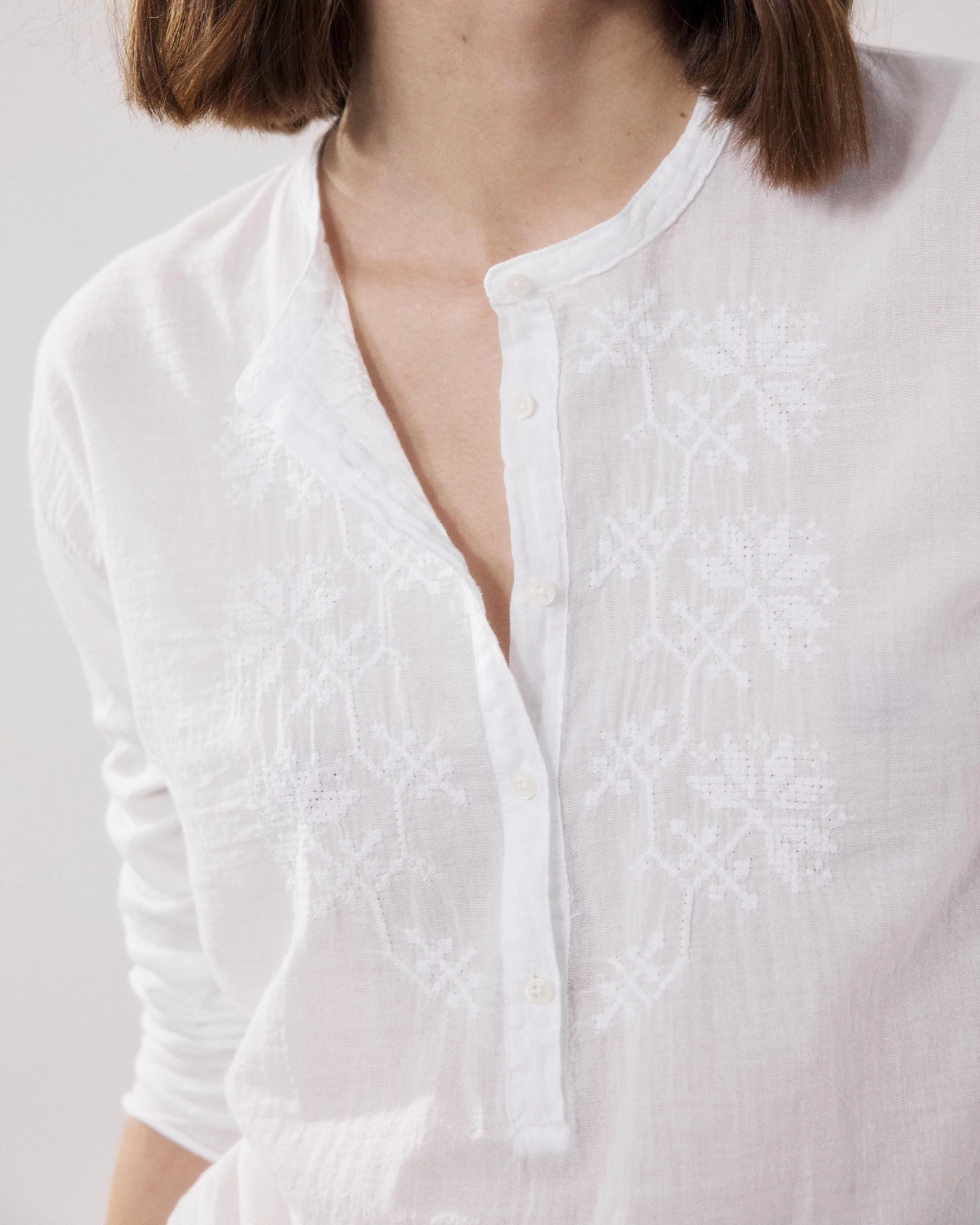 Women's Embroidered Button-Down Blouse Bi-Fabric Cotton - Sky 06-Sky - Image 4