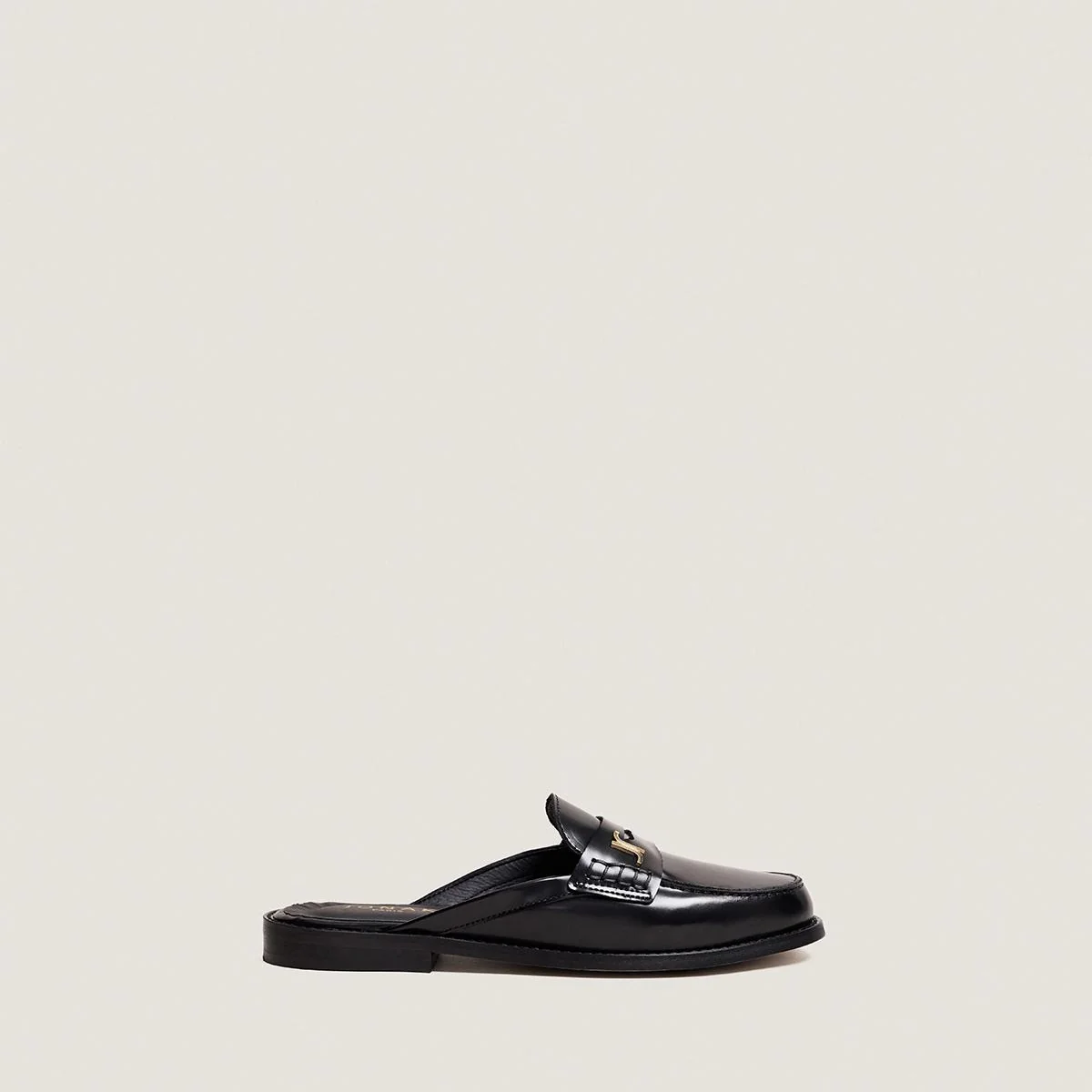 Women's Mules Glossy Calf Leather With Metallic Detail - Black Noir
