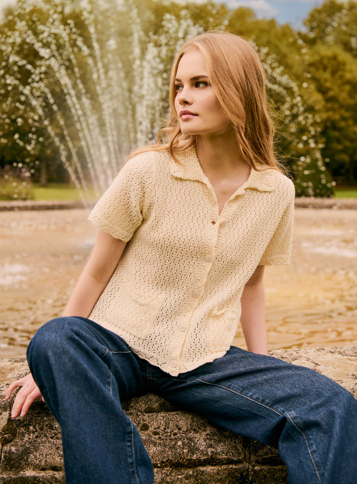 Women's Cardigan Merino Wool Knit Fabric With Cozy Weave - Ecru - Image 6