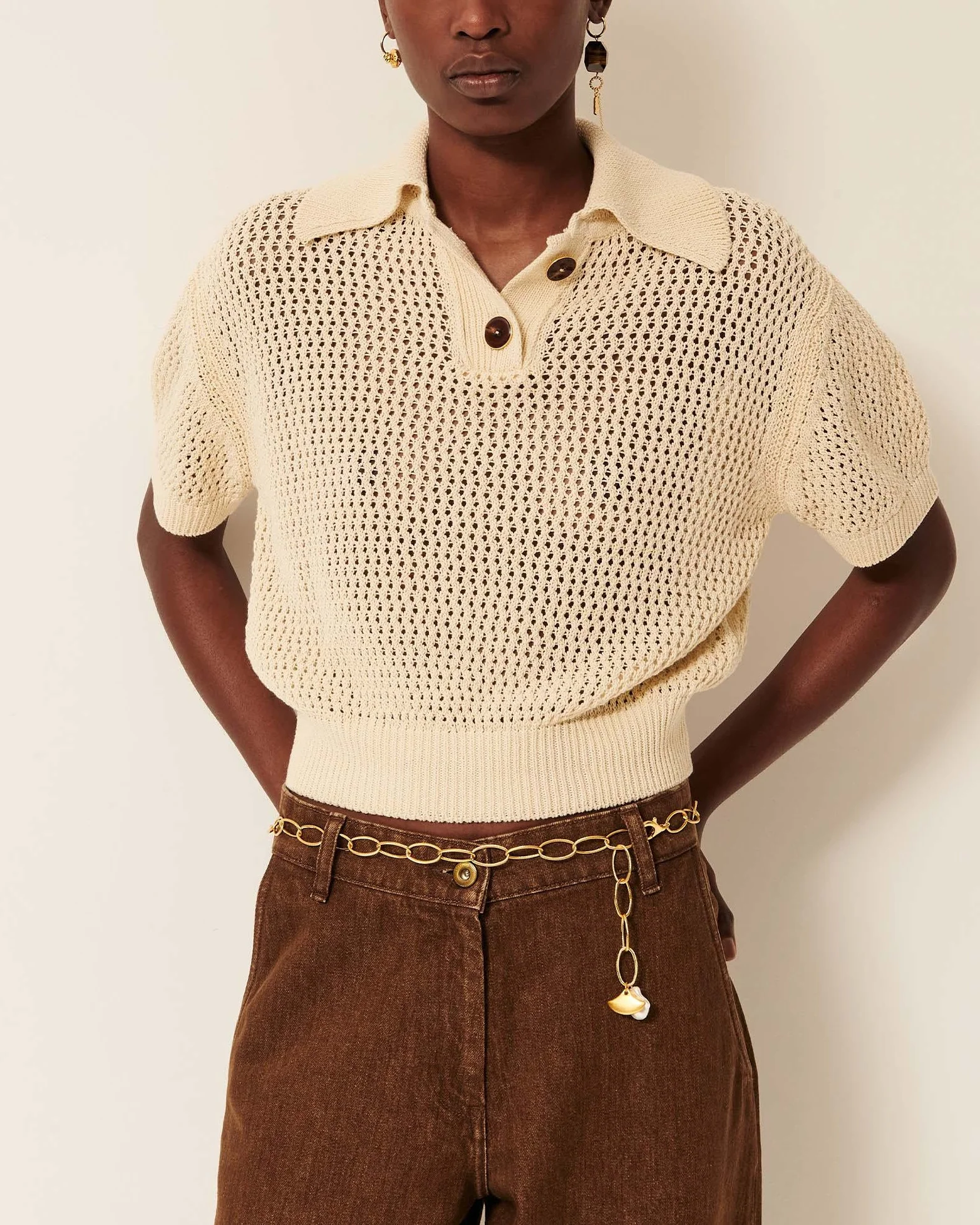 Women's Cropped Pullover Polo Italian Cotton Knit - Sand