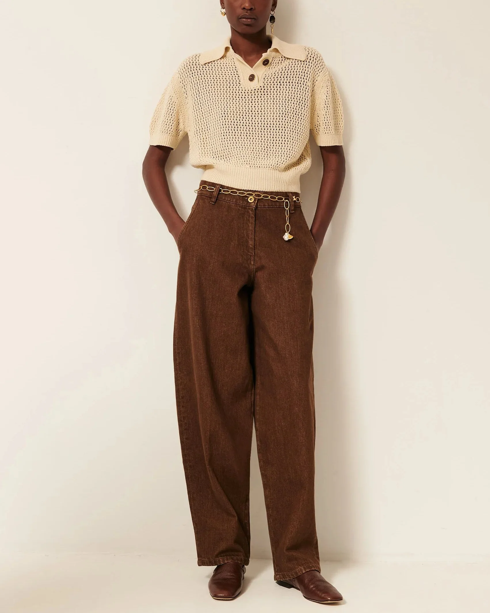 Women's Cropped Pullover Polo Italian Cotton Knit - Sand - Image 2
