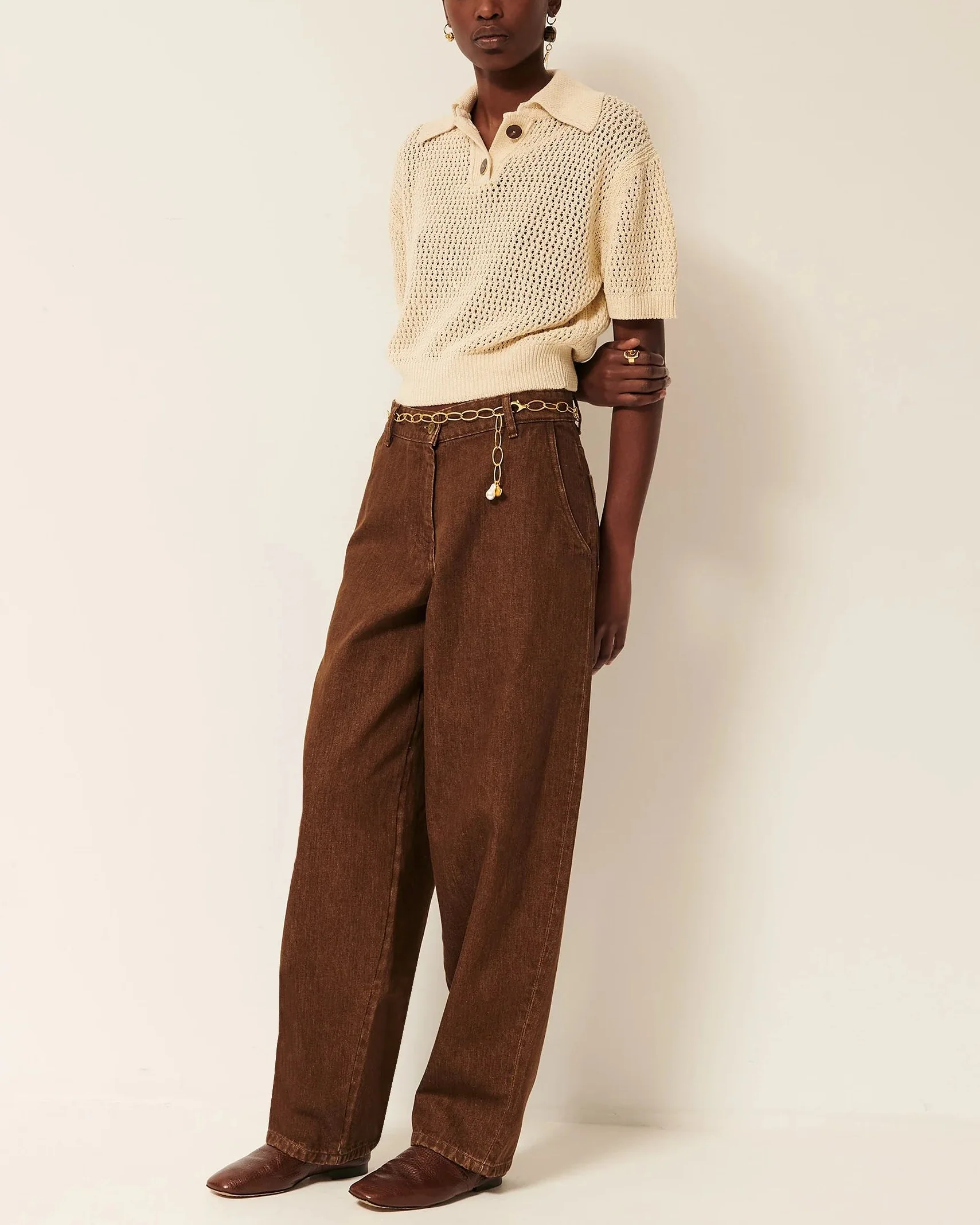 Women's Cropped Pullover Polo Italian Cotton Knit - Sand - Image 3