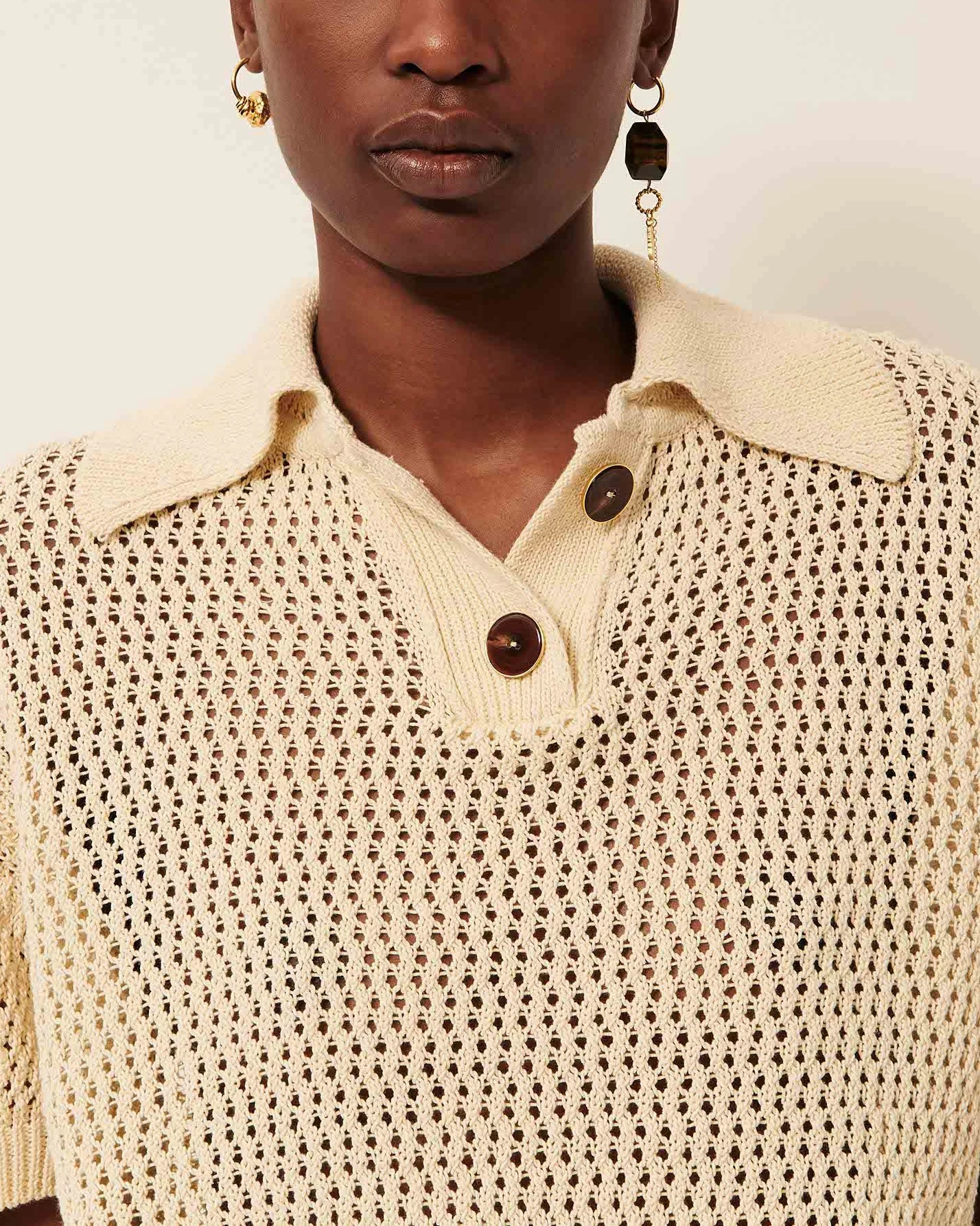 Women's Cropped Pullover Polo Italian Cotton Knit - Sand - Image 4