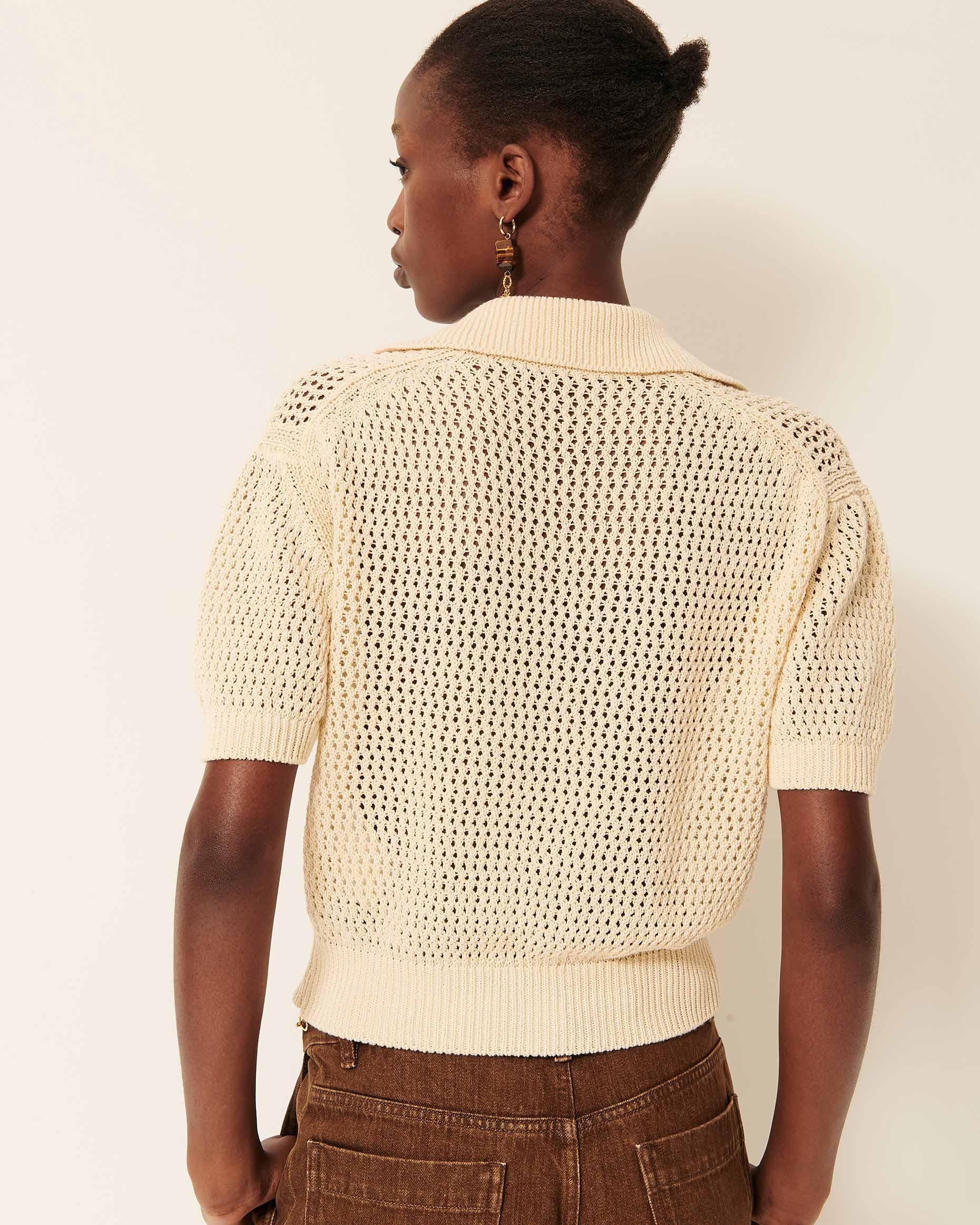 Women's Cropped Pullover Polo Italian Cotton Knit - Sand - Image 5