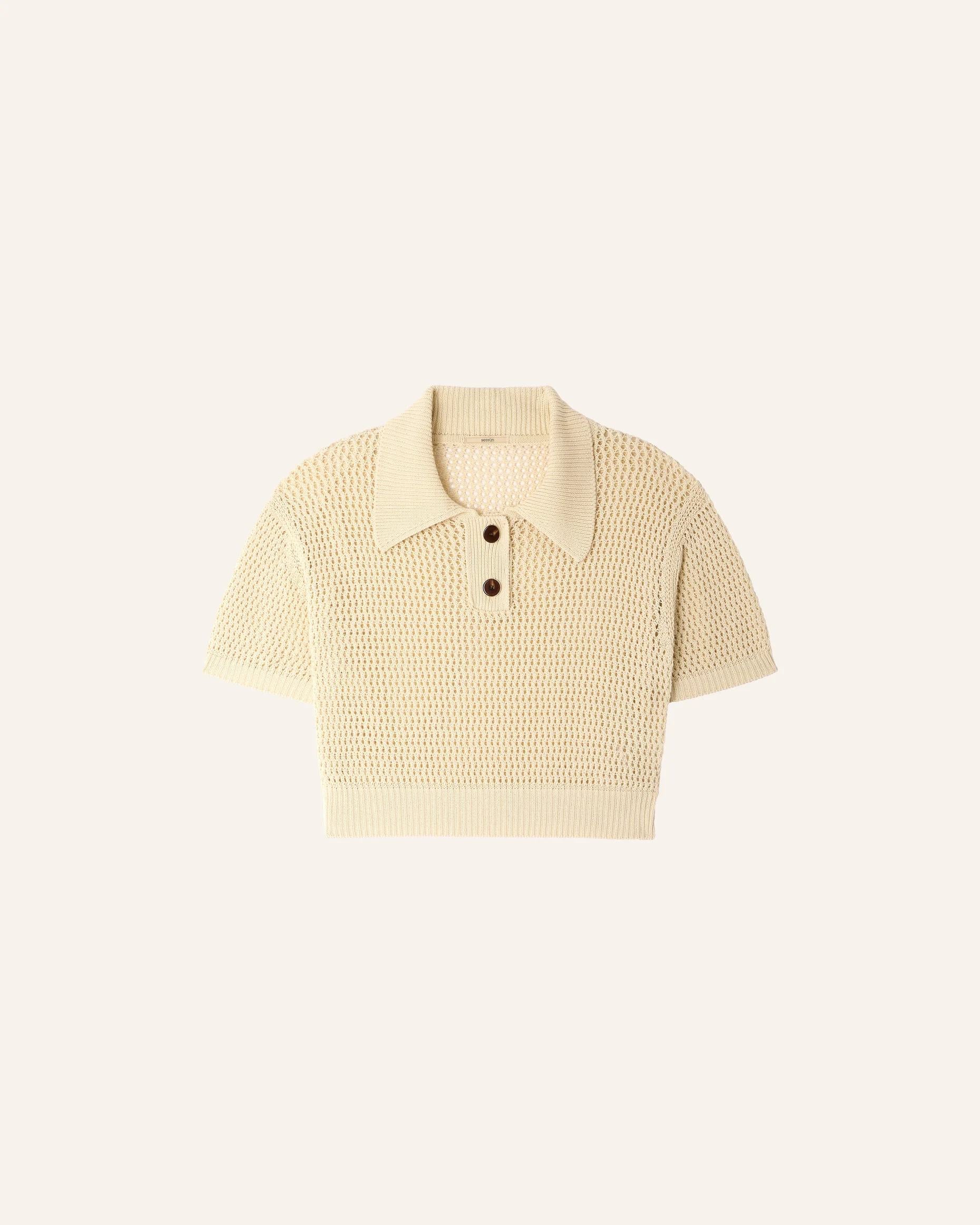 Women's Cropped Pullover Polo Italian Cotton Knit - Sand - Image 6