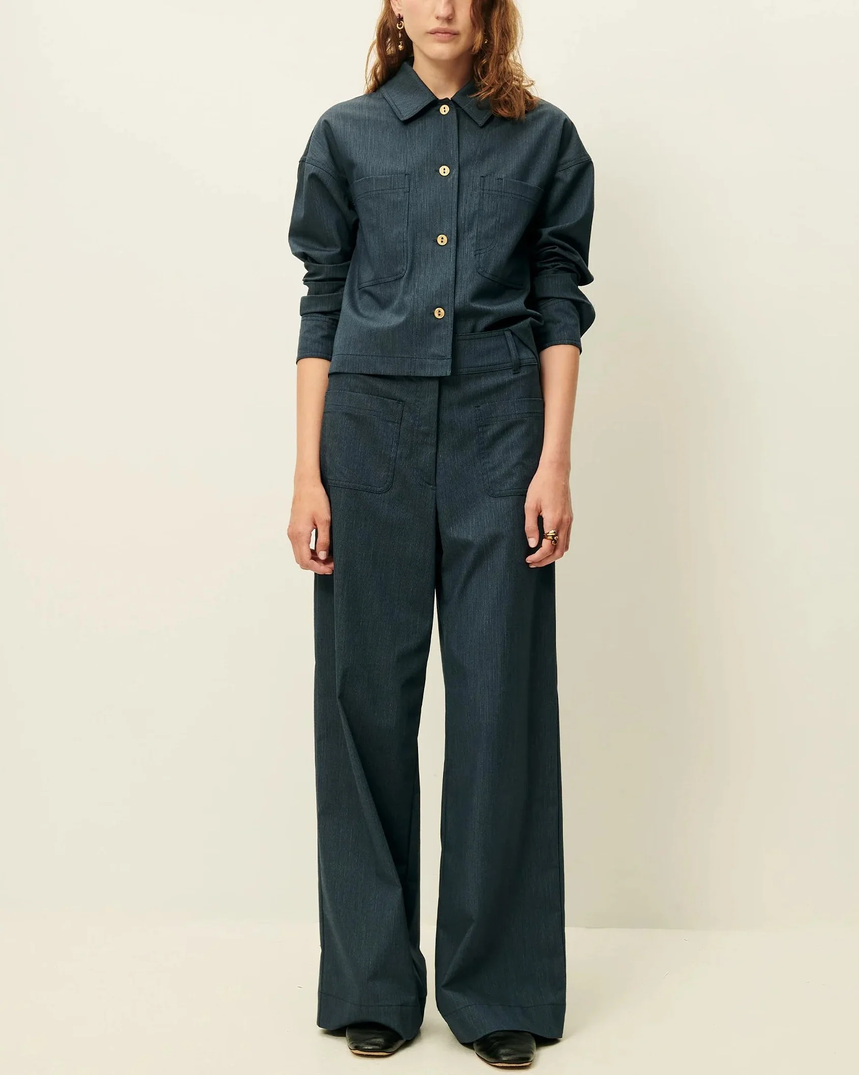 Unisex Overshirt Textured Slub-Yarn Cotton-Linen - Blue Worker-Blue - Image 6