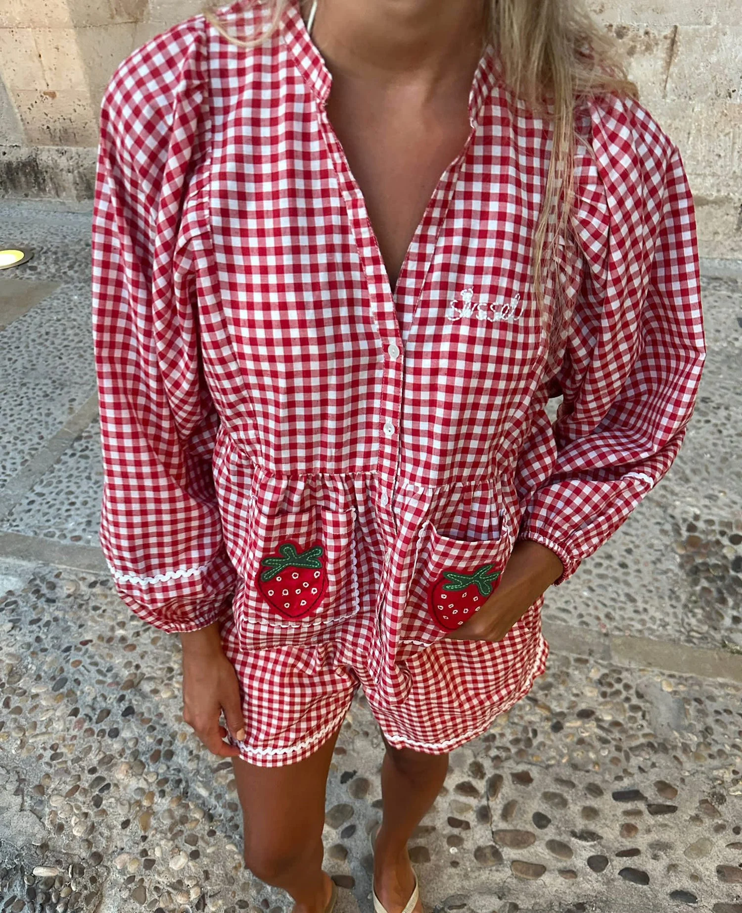 Women's Button-Down Blouse 100% Cotton Yarn-Dyed - Red-Checks - Image 2