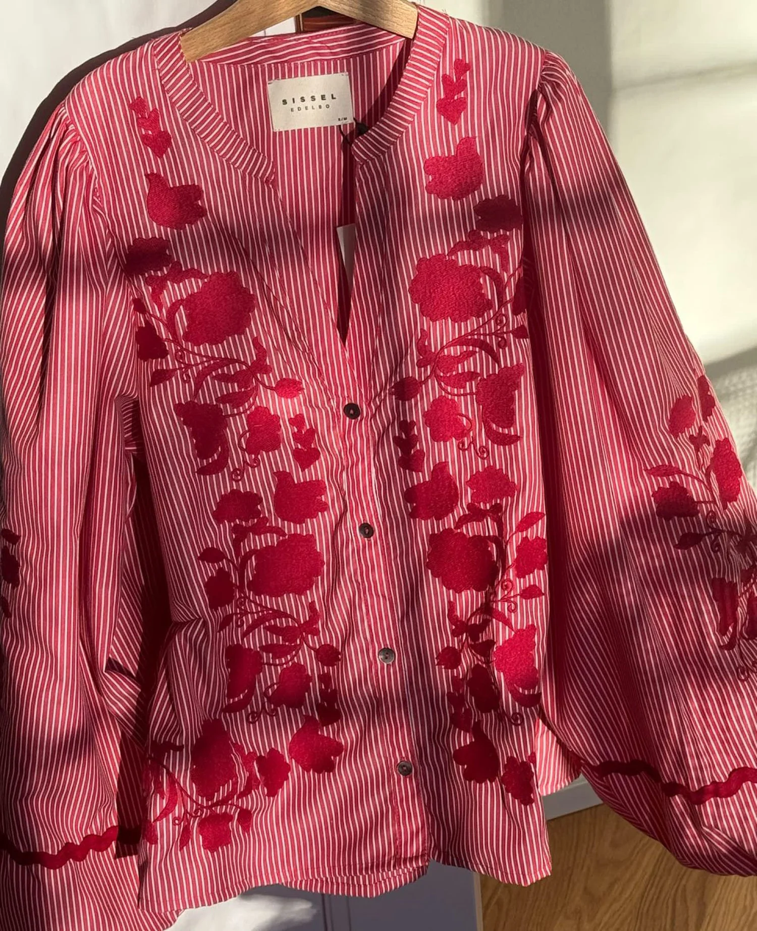 SISSEL EDELBO Women's Juliane Top Embroidered Upcycled Cotton Blouse - Red-Stripes - Image 2