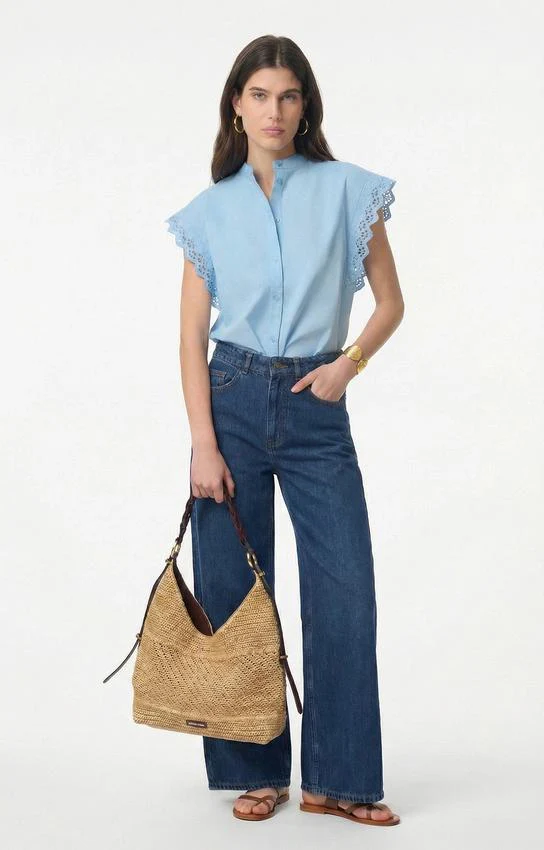 Women's Button-Down Blouse 100 Cotton Poplin - Azur - Image 3